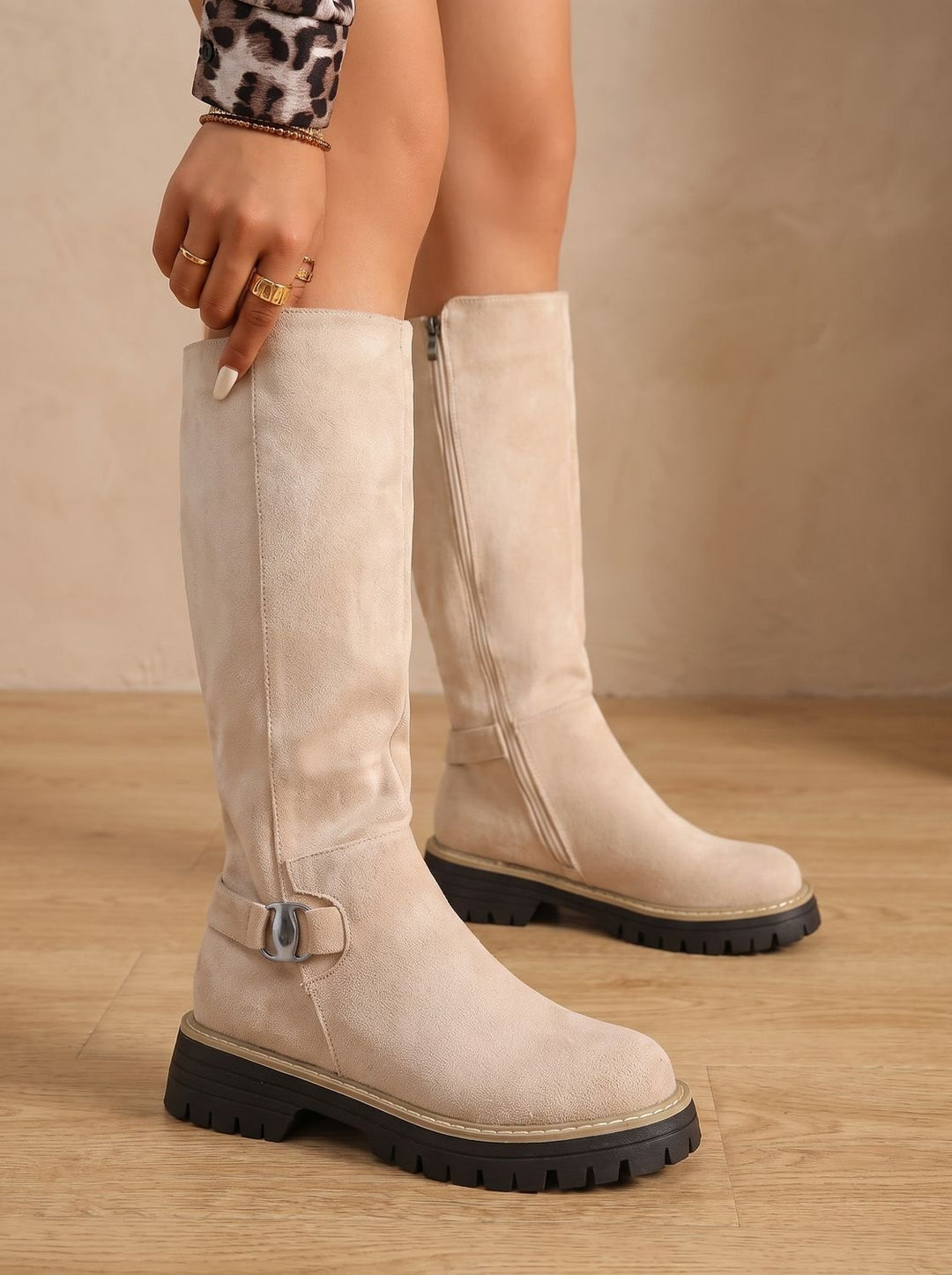 Women's Suede Buckle-Accent Side-Zip Knee High Boots - Beige