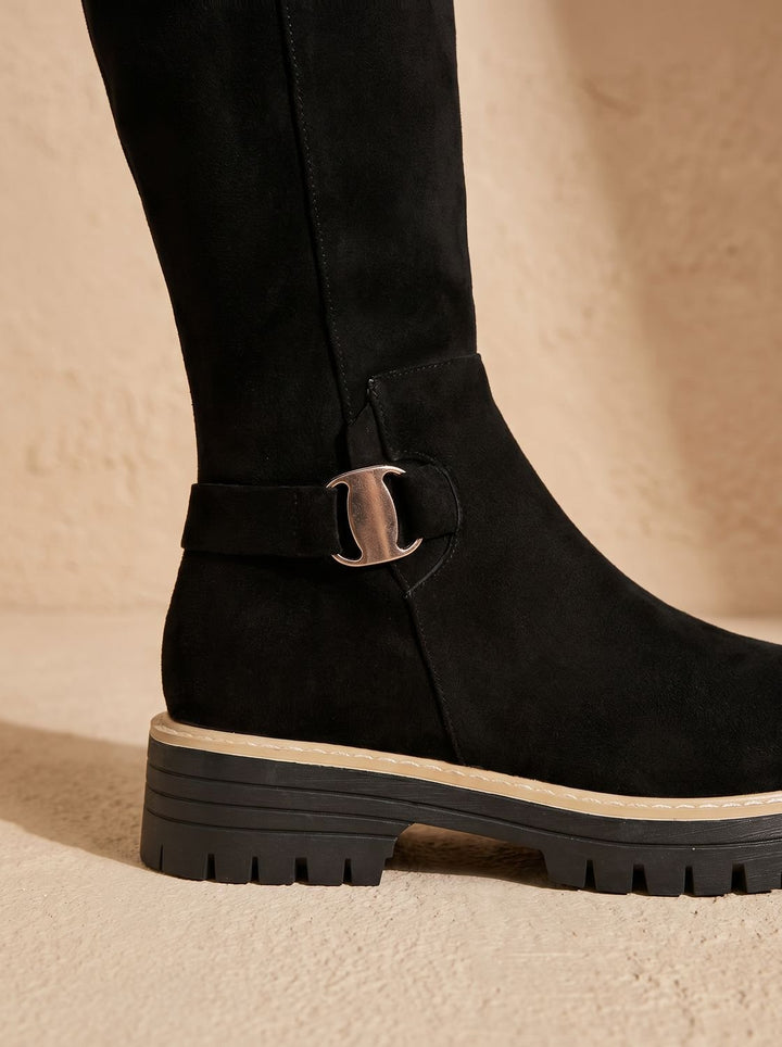Women's Suede Buckle-Accent Side-Zip Knee High Boots