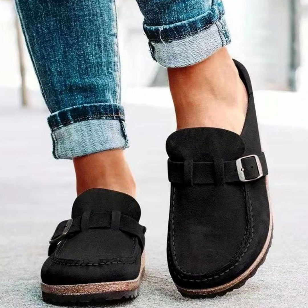 Women's Suede Buckle Accent Slip-On Loafers - Black