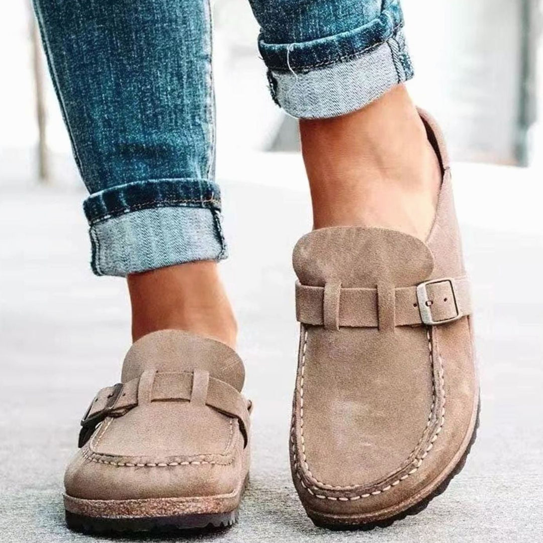 Women's Suede Buckle Accent Slip-On Loafers - Beige