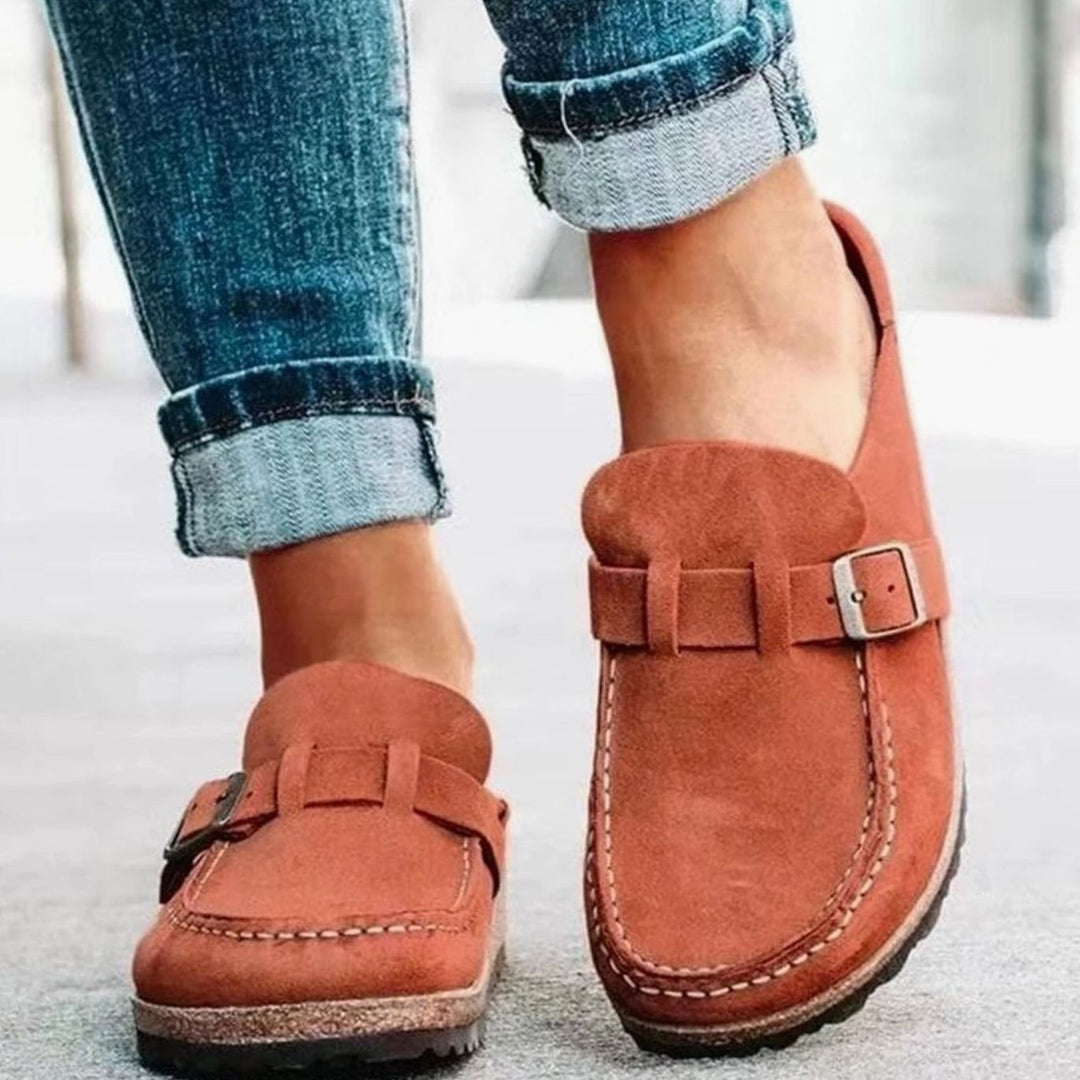 Women's Suede Buckle Accent Slip-On Loafers - Orange
