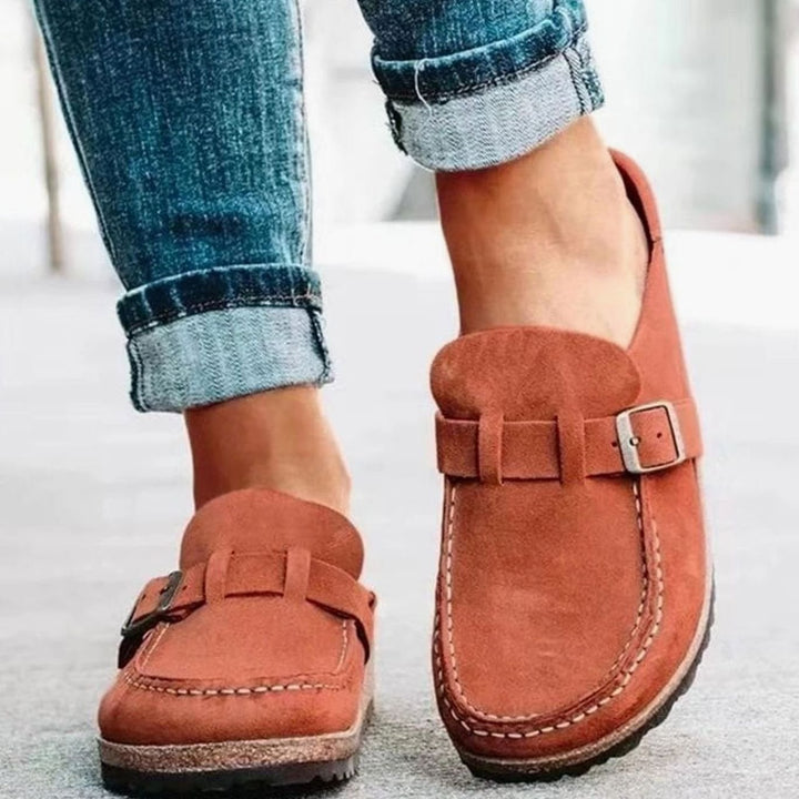 Women's Suede Buckle Accent Slip-On Loafers - Orange