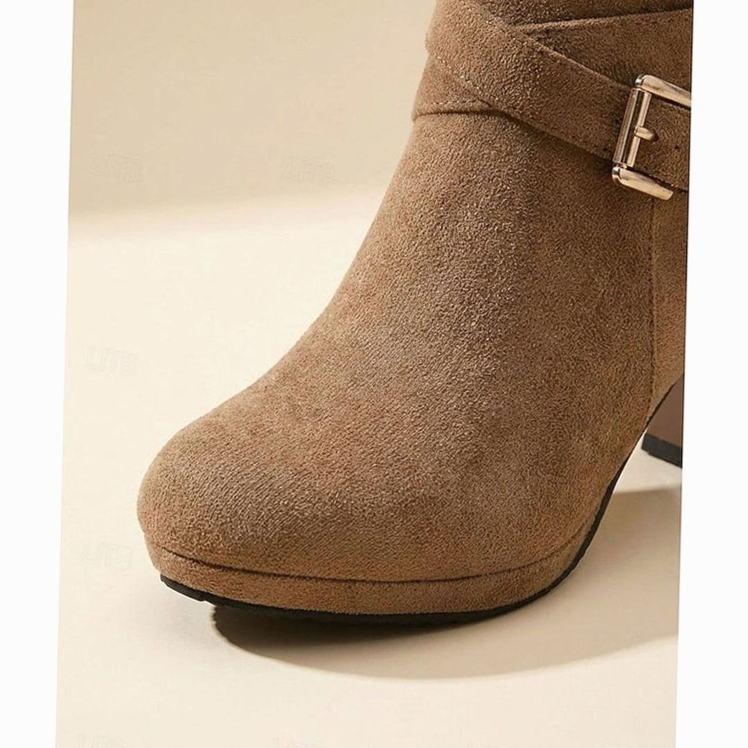 Women's Suede Buckle-Strap Block Heel Ankle Boots