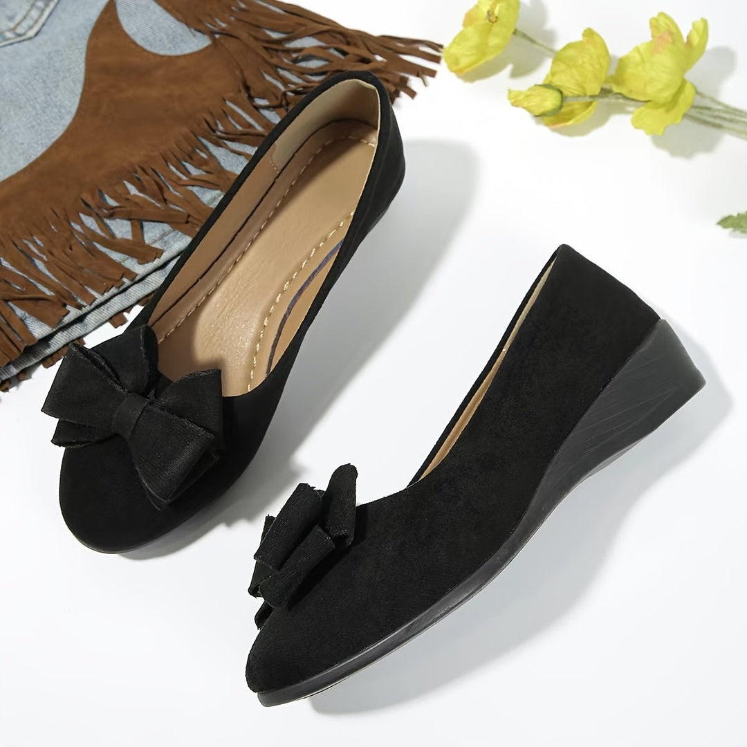 Women's Suede-Effect Bow-Detail Slip-On Ballet Flats - Black
