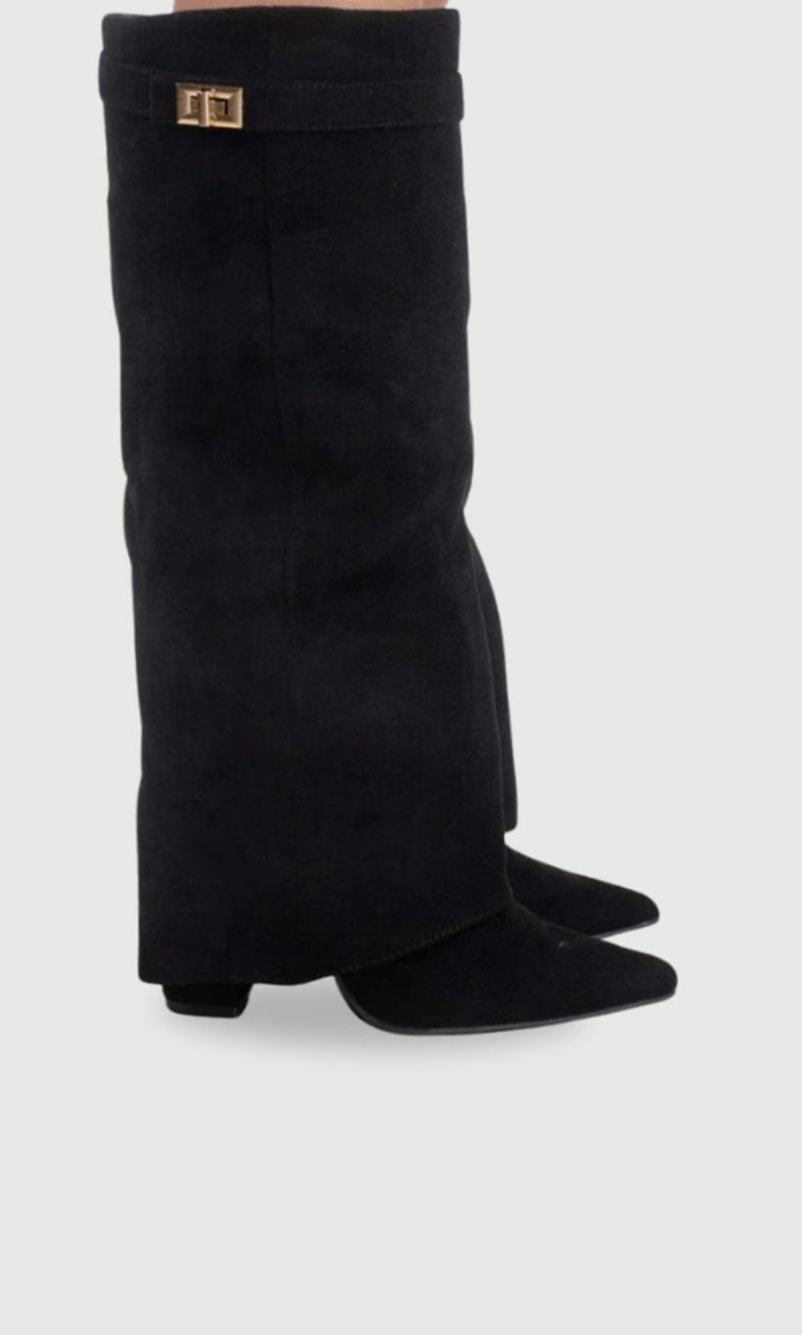 Women's Suede Fold-Over Buckle Thigh-High Boots