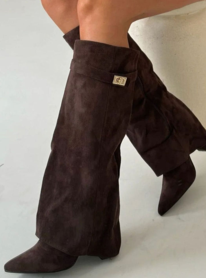 Women's Suede Fold-Over Buckle Thigh-High Boots - Brown Suede