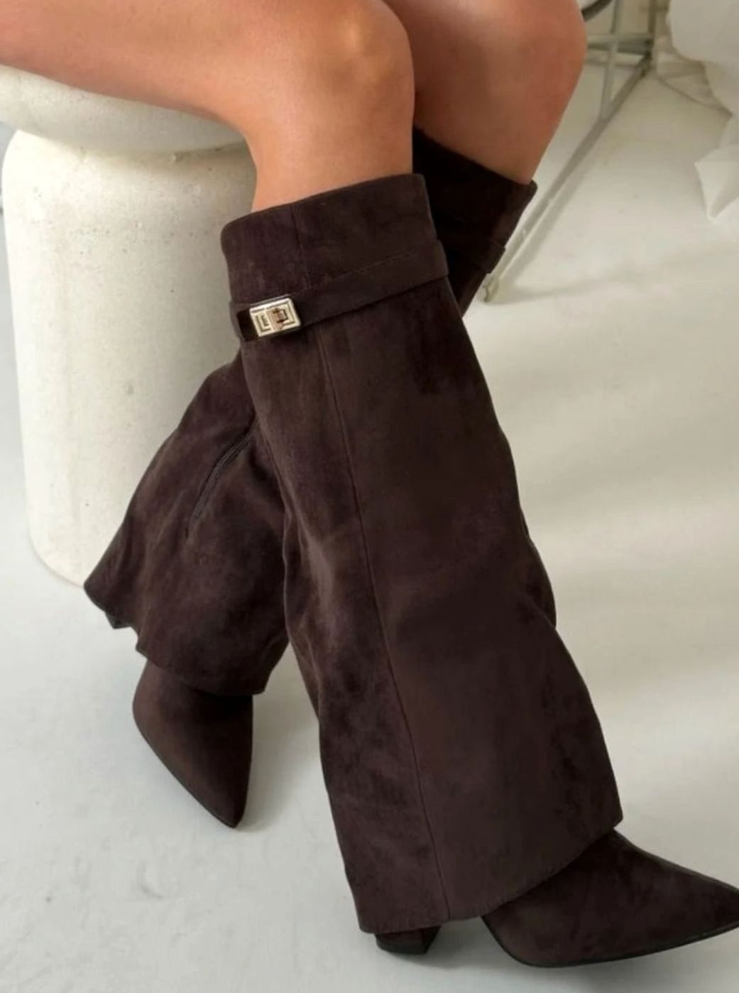 Women's Suede Fold-Over Buckle Thigh-High Boots