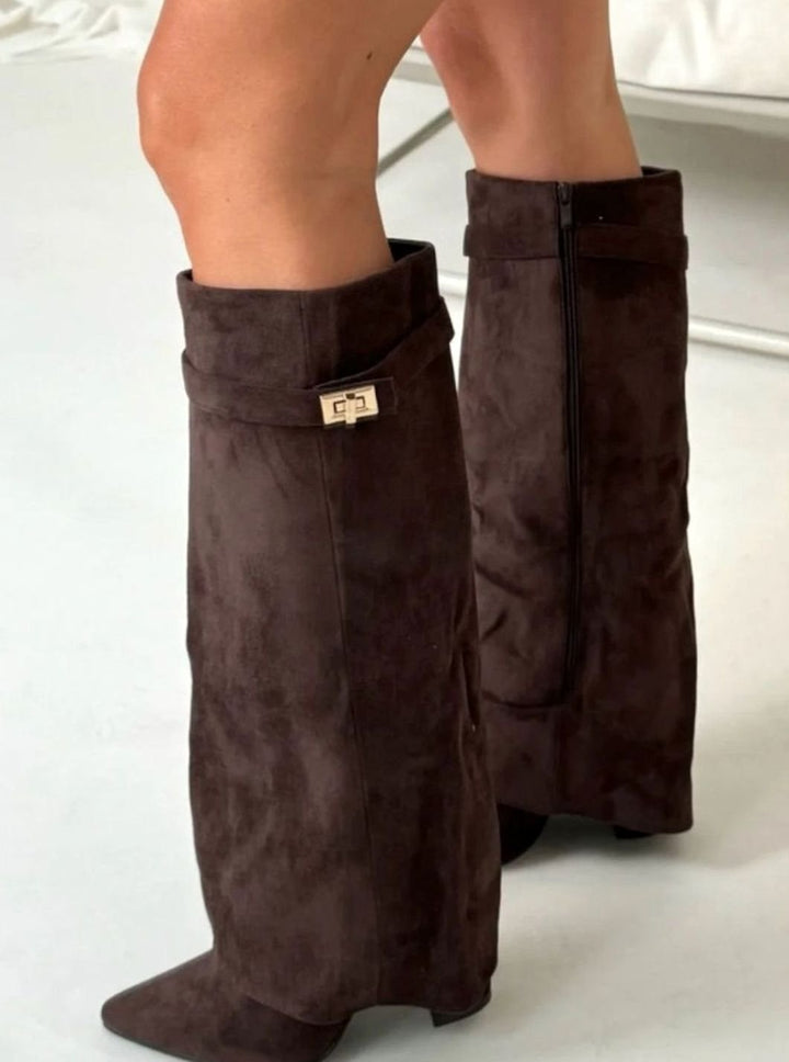 Women's Suede Fold-Over Buckle Thigh-High Boots