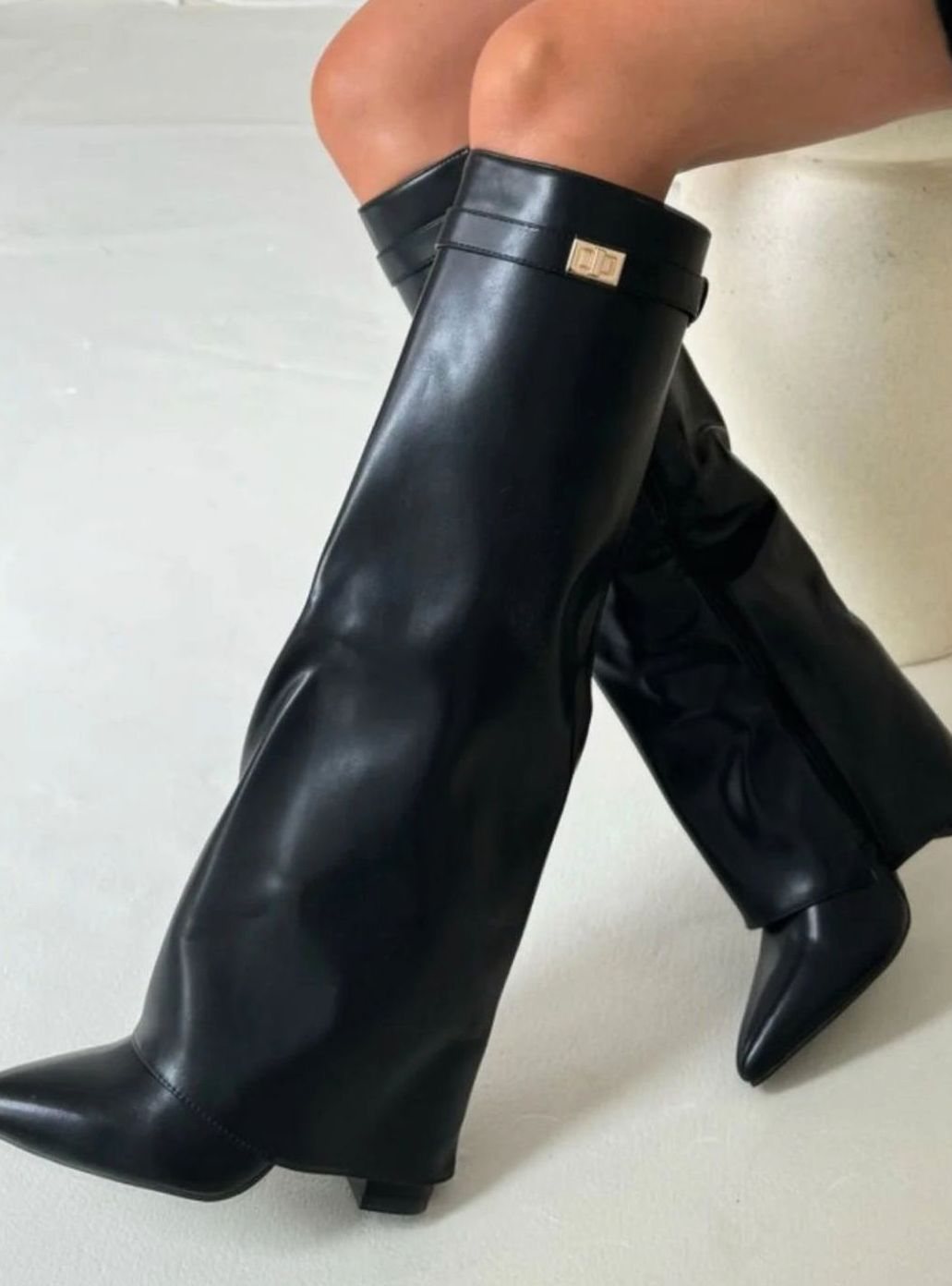 Women's Suede Fold-Over Buckle Thigh-High Boots - Black