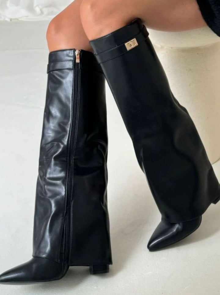 Women's Suede Fold-Over Buckle Thigh-High Boots