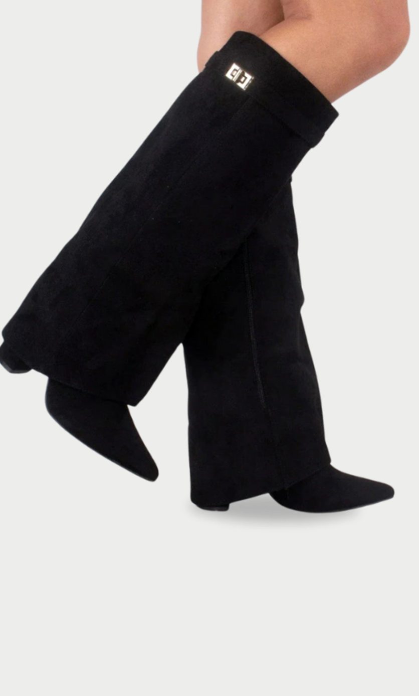 Women's Suede Fold-Over Buckle Thigh-High Boots - Black Suede