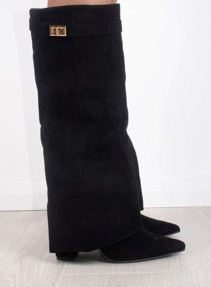 Women's Suede Fold-Over Buckle Thigh-High Boots