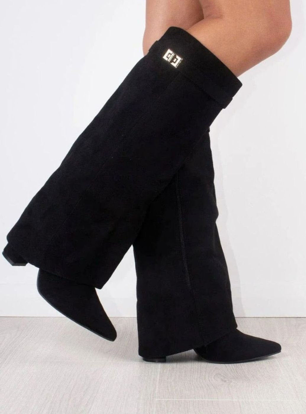 Women's Suede Fold-Over Buckle Thigh-High Boots