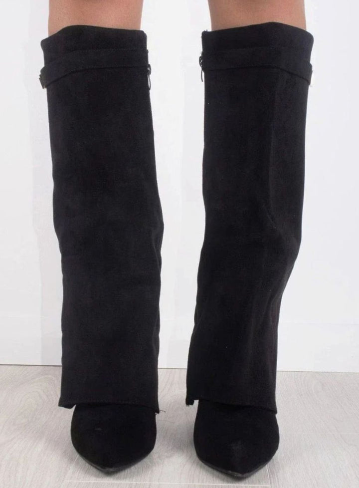 Women's Suede Fold-Over Buckle Thigh-High Boots