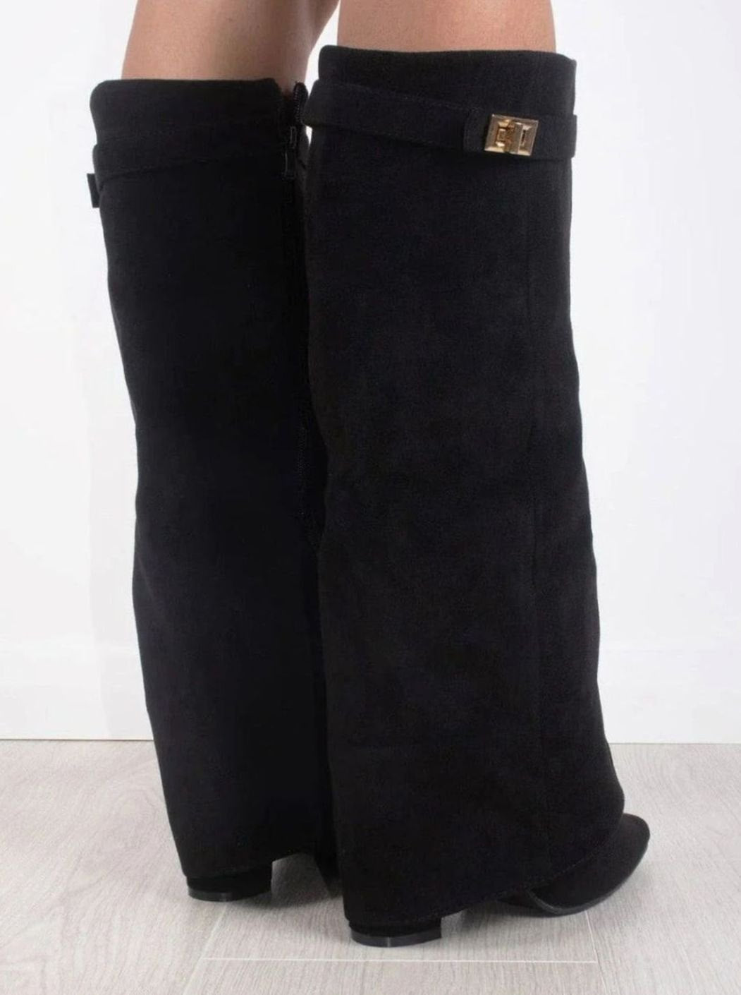 Women's Suede Fold-Over Buckle Thigh-High Boots