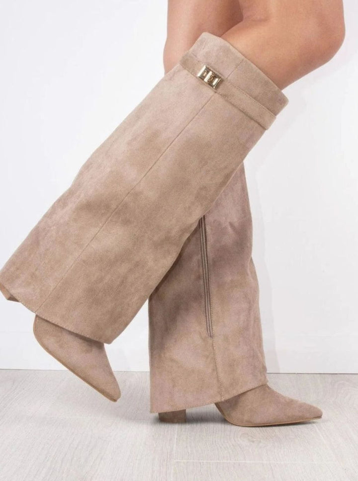 Women's Suede Fold-Over Buckle Thigh-High Boots - Beige Suede