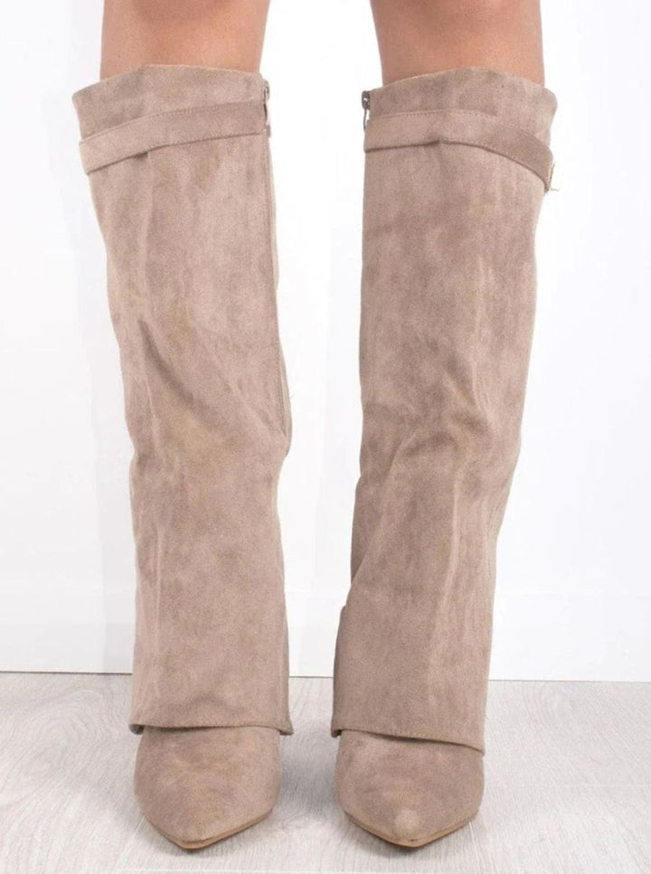Women's Suede Fold-Over Buckle Thigh-High Boots