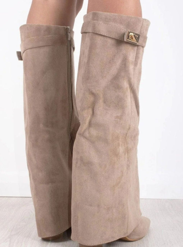 Women's Suede Fold-Over Buckle Thigh-High Boots