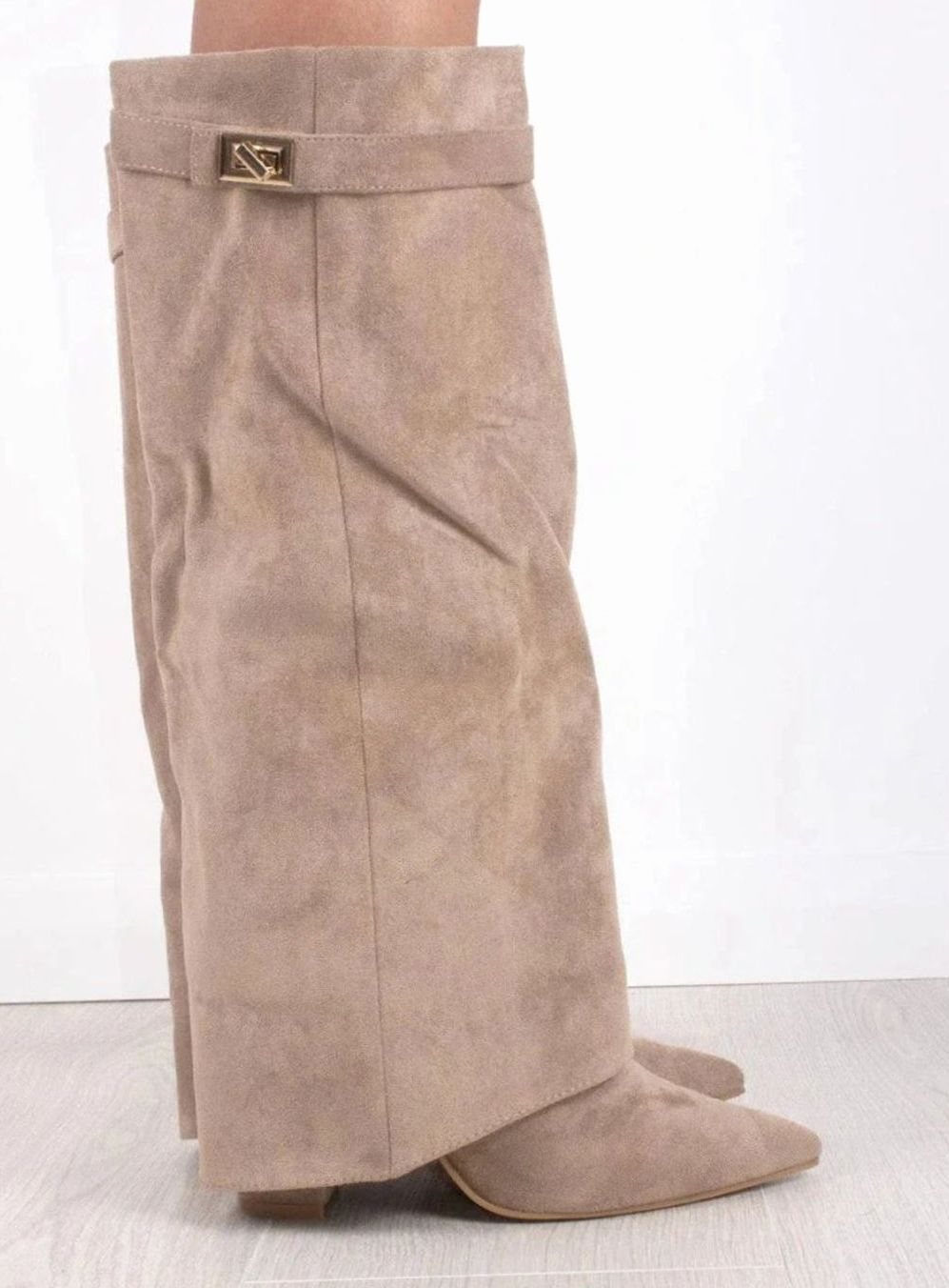 Women's Suede Fold-Over Buckle Thigh-High Boots