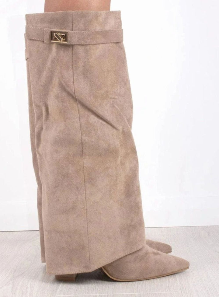 Women's Suede Fold-Over Buckle Thigh-High Boots