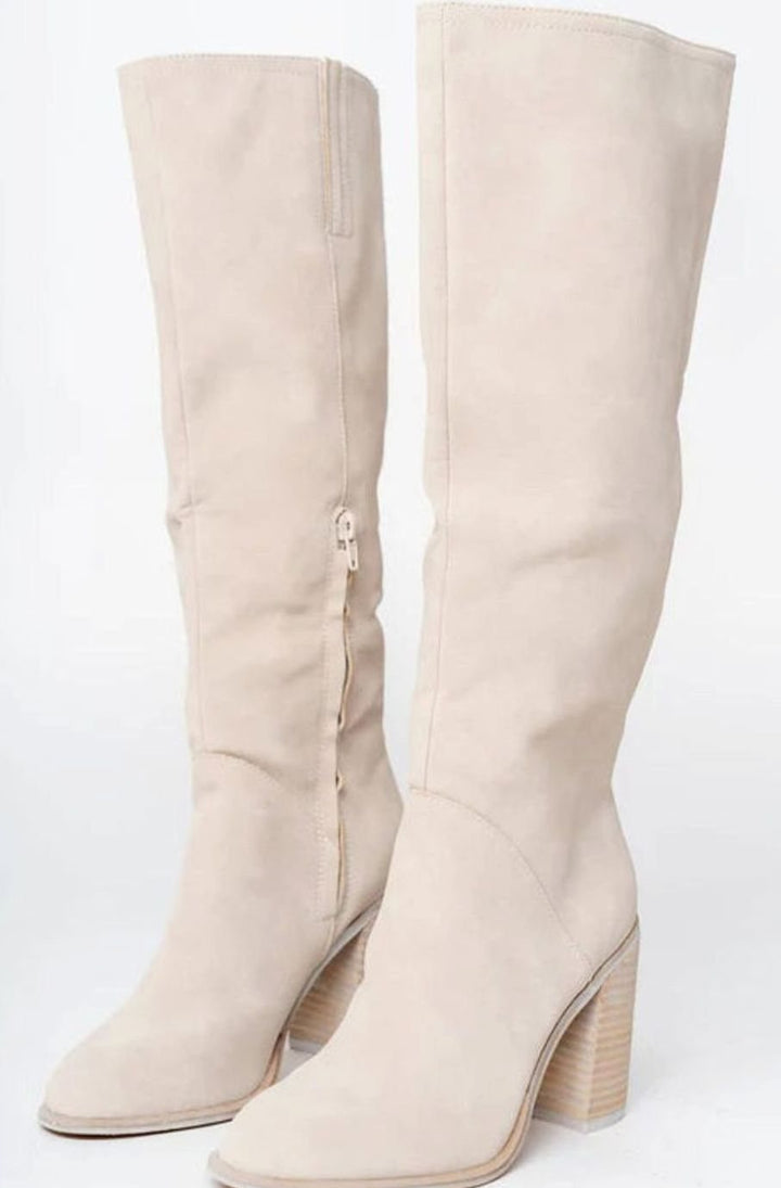 Women's Suede Knee-High Block Heel Zip-Up Boots - Beige