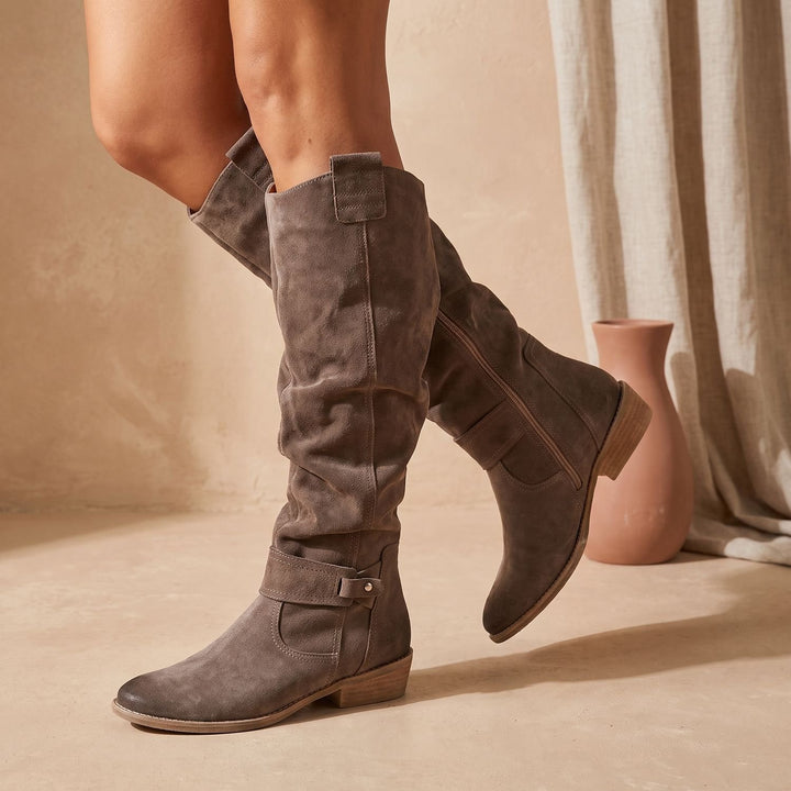 Women's Suede Knee High Boots Retro Slouch Low Heel - Grey