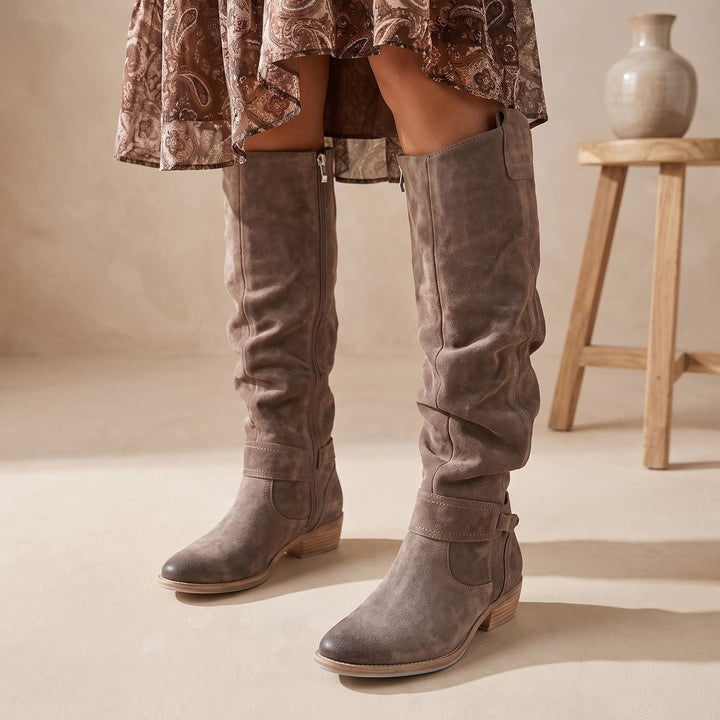 Women's Suede Knee High Boots Retro Slouch Low Heel