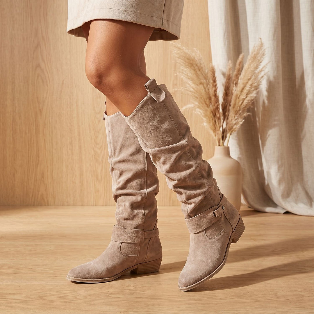 Women's Suede Knee High Boots Retro Slouch Low Heel
