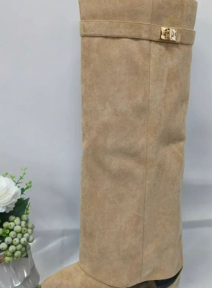 Women's Suede Knee-High Buckle Thigh-High Boots - Apricot