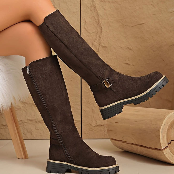 Women's Suede-Look Block Heel Knee High Boots Side Zip - Coffee