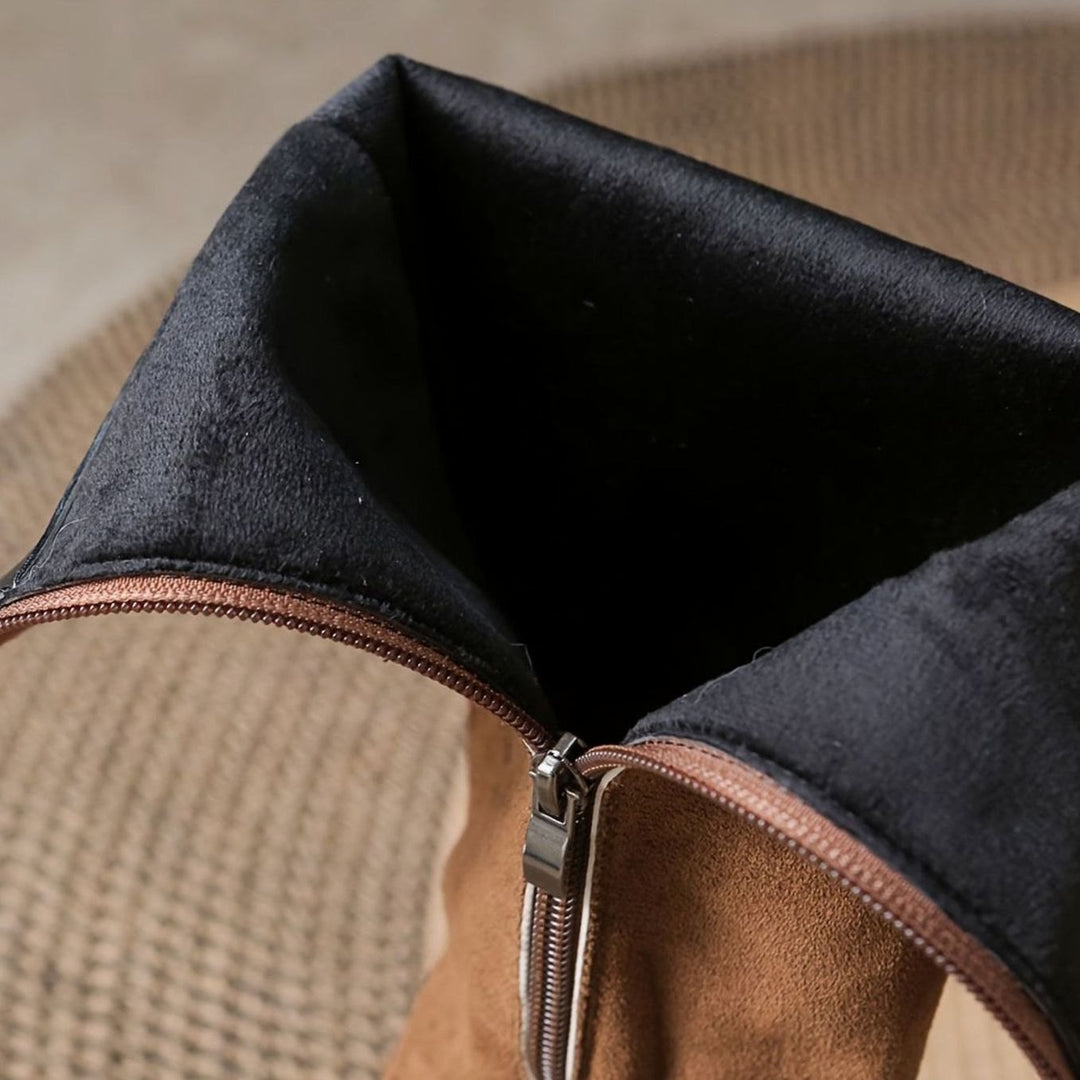 Women's Suede-Look Knee High Boots Low Block Heel Gold Button