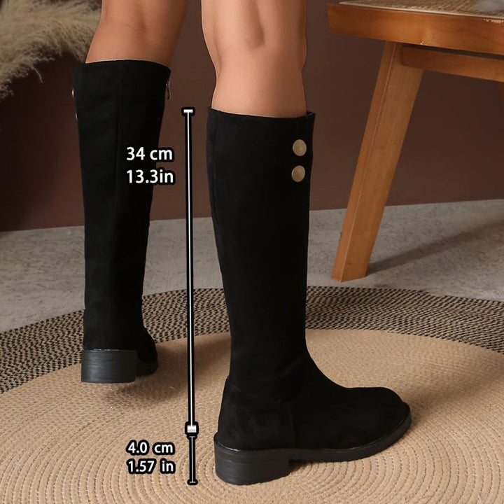 Women's Suede-Look Knee High Boots Low Block Heel Gold Button