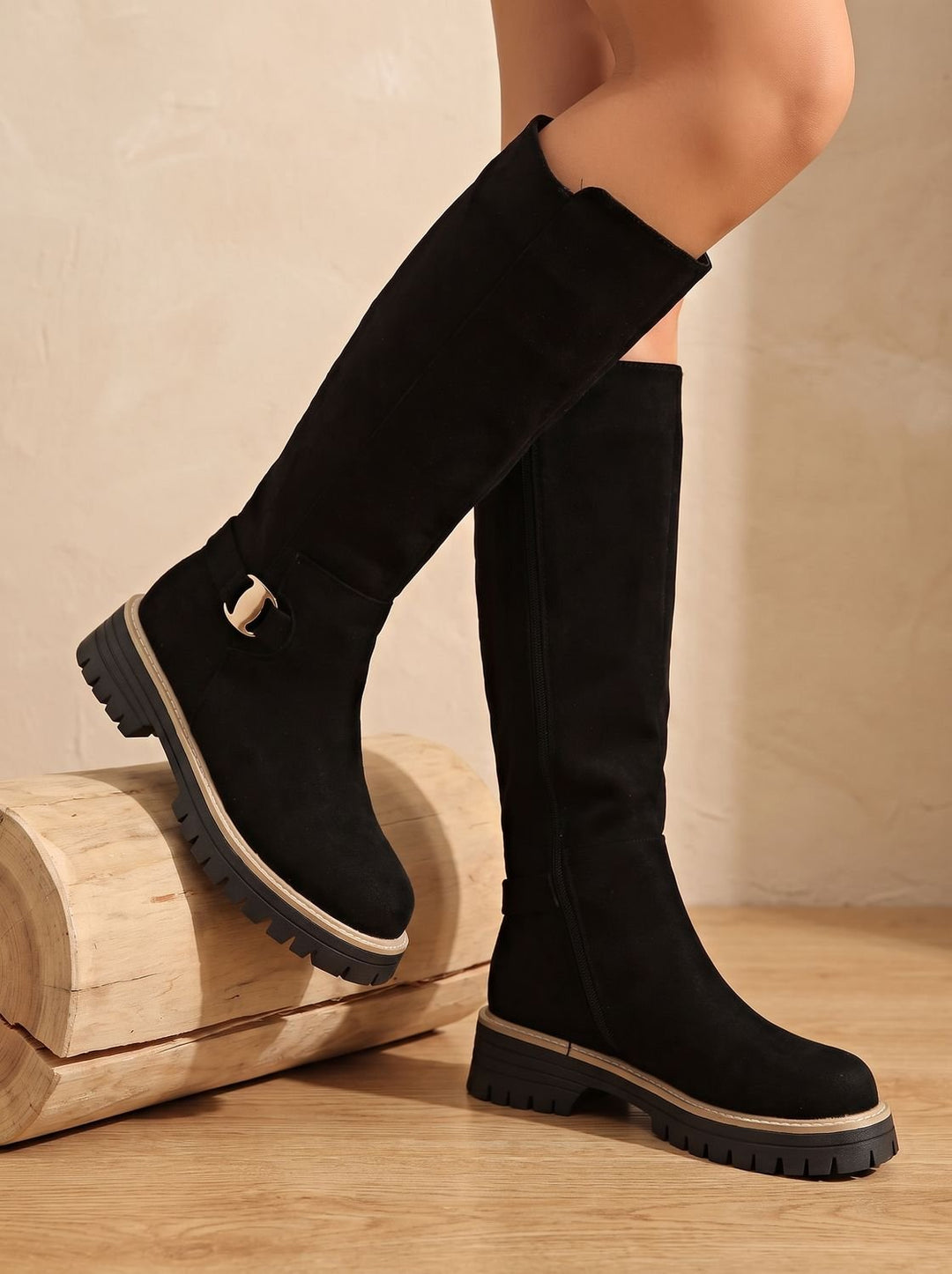 Women's Suede-Look Low Block Heel Knee High Boots