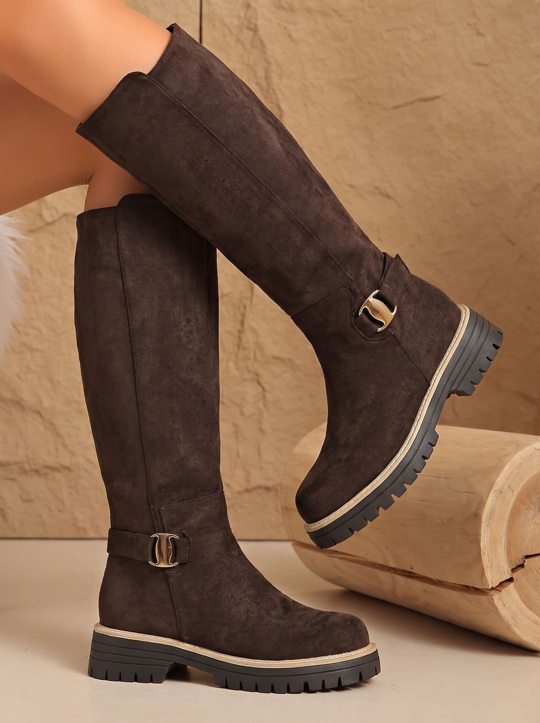 Women's Suede-Look Low Block Heel Knee High Boots