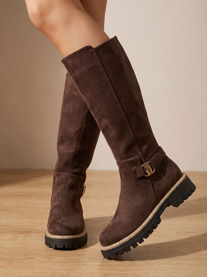 Women's Suede-Look Low Block Heel Knee High Boots