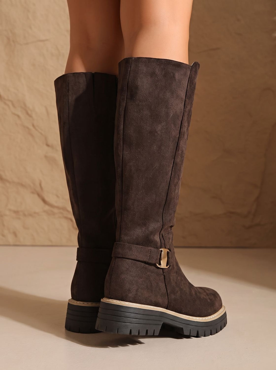 Women's Suede-Look Low Block Heel Knee High Boots