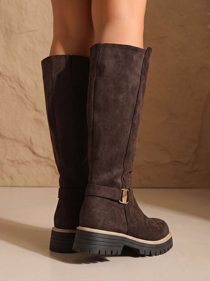 Women's Suede-Look Low Block Heel Knee High Boots