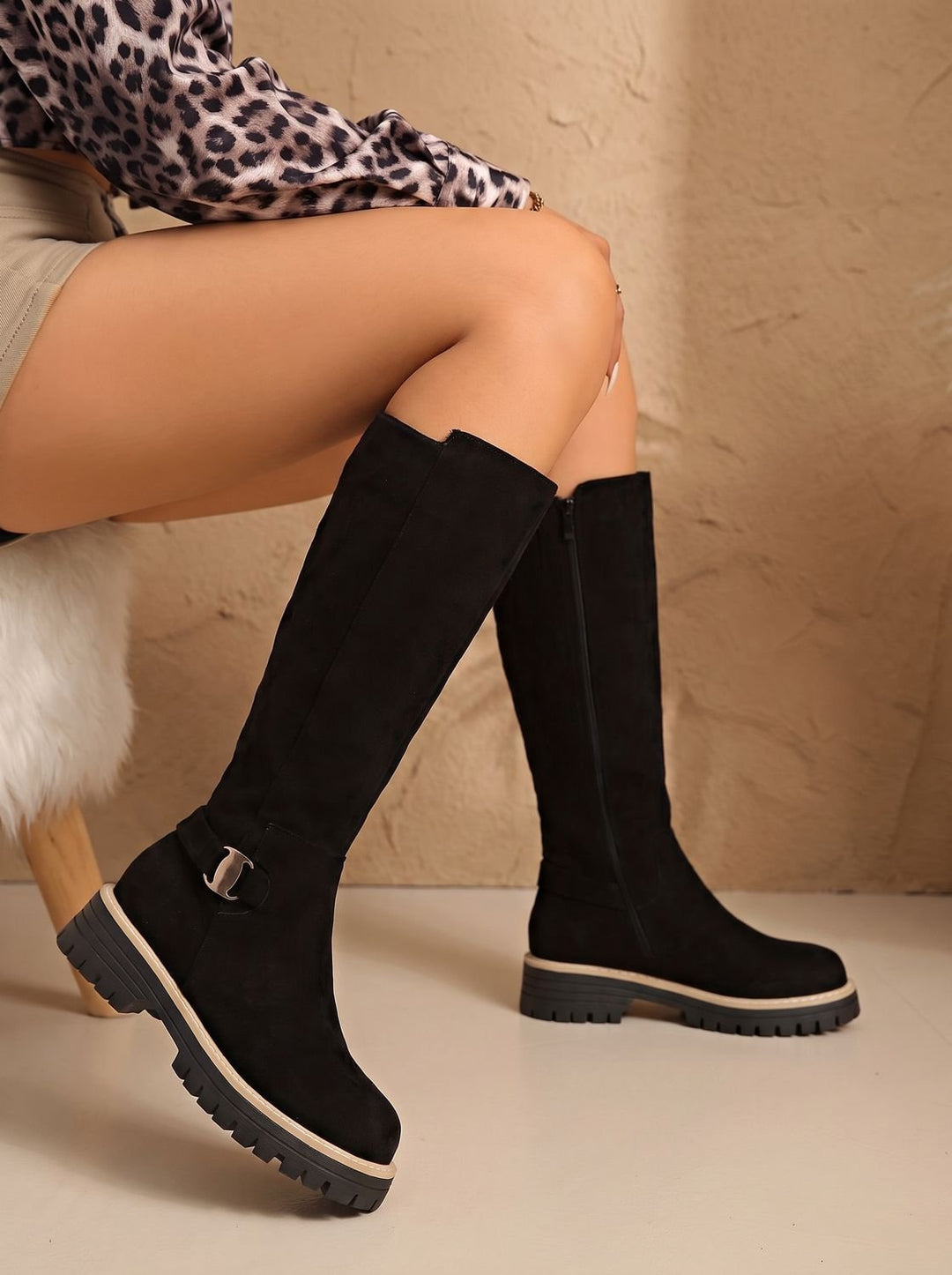 Women's Suede-Look Low Block Heel Knee High Boots