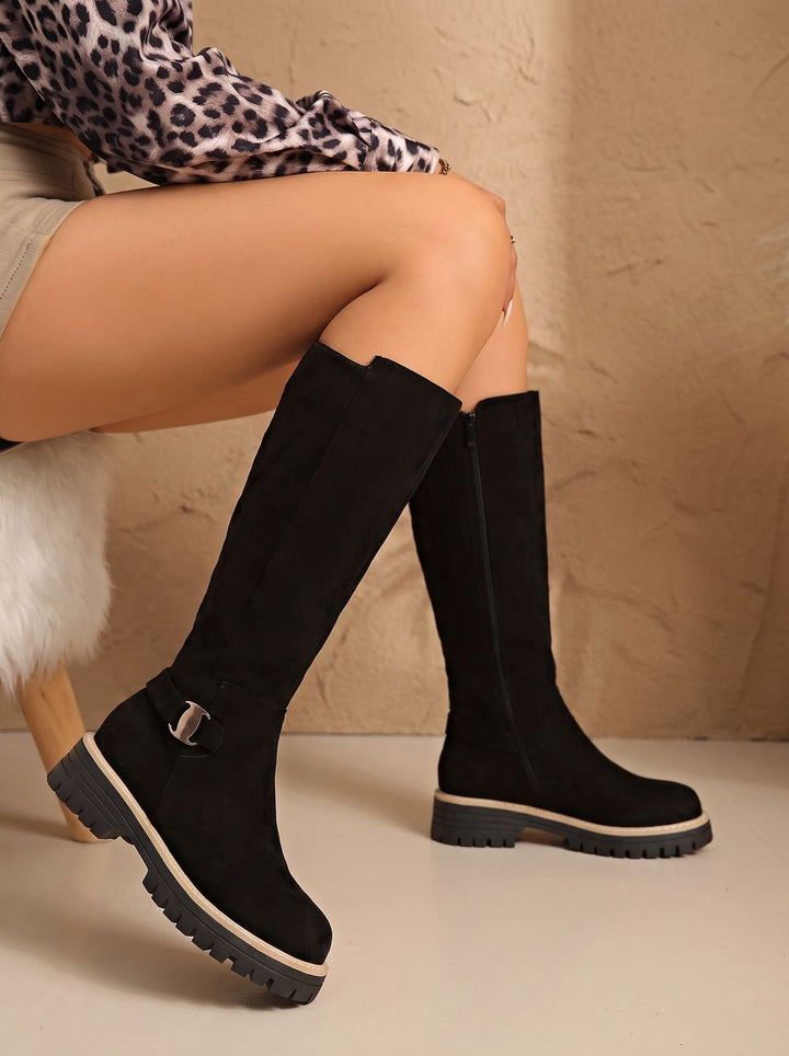 Women's Suede-Look Low Block Heel Knee High Boots