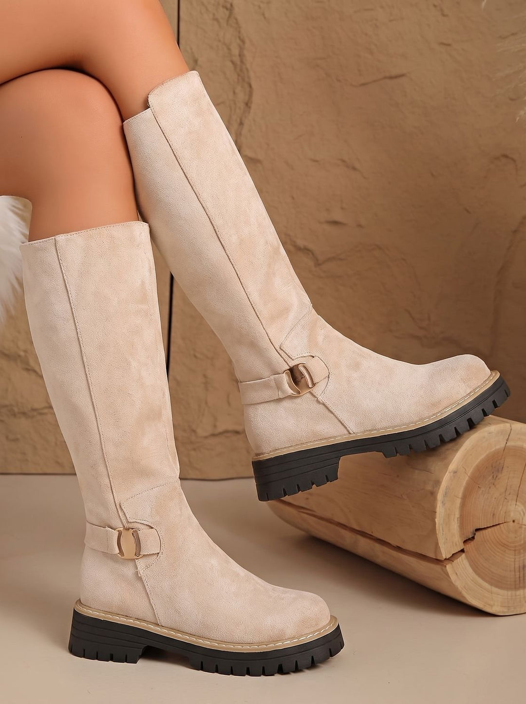 Women's Suede-Look Low Block Heel Knee High Boots