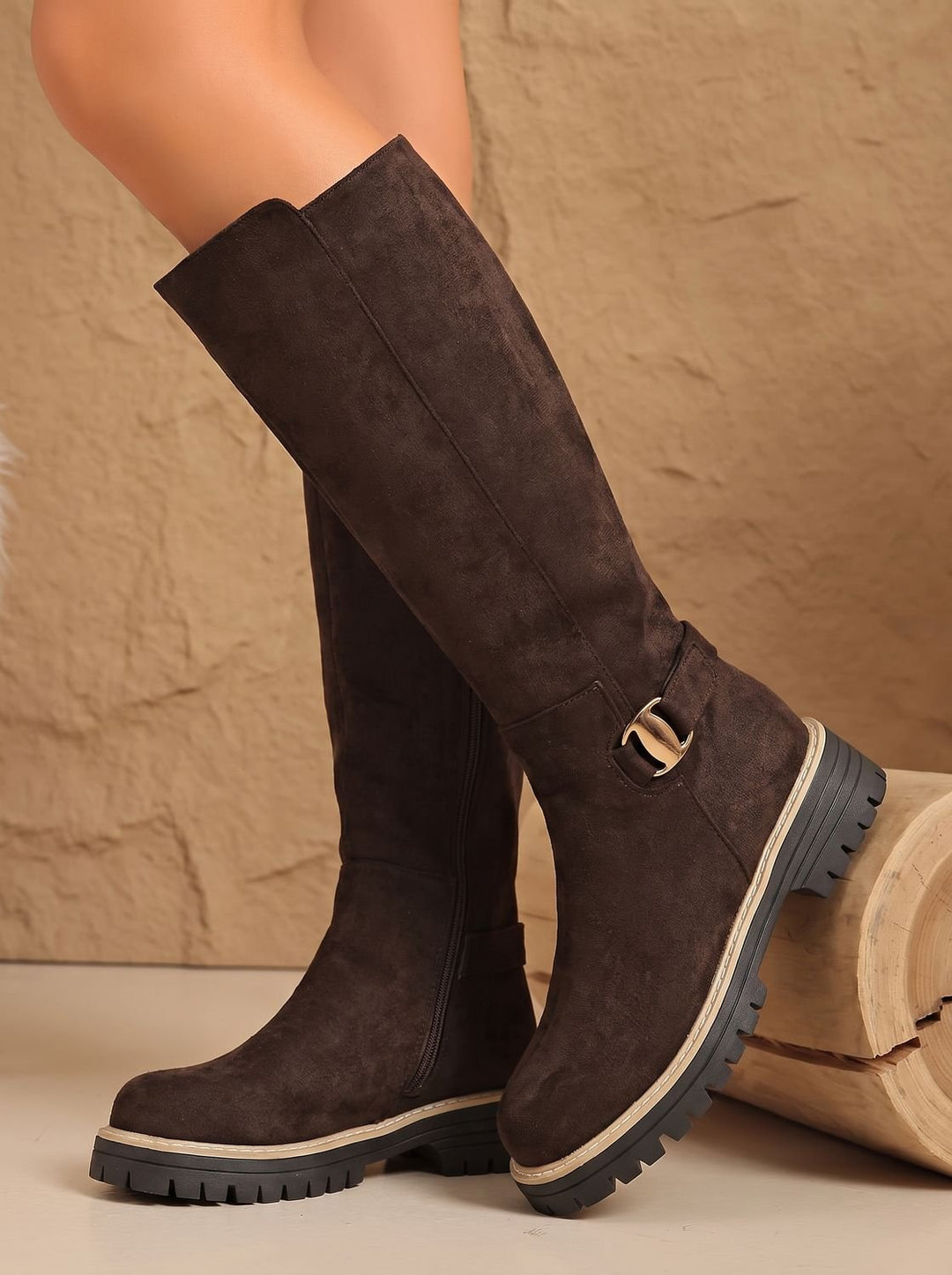 Women's Suede-Look Low Block Heel Knee High Boots