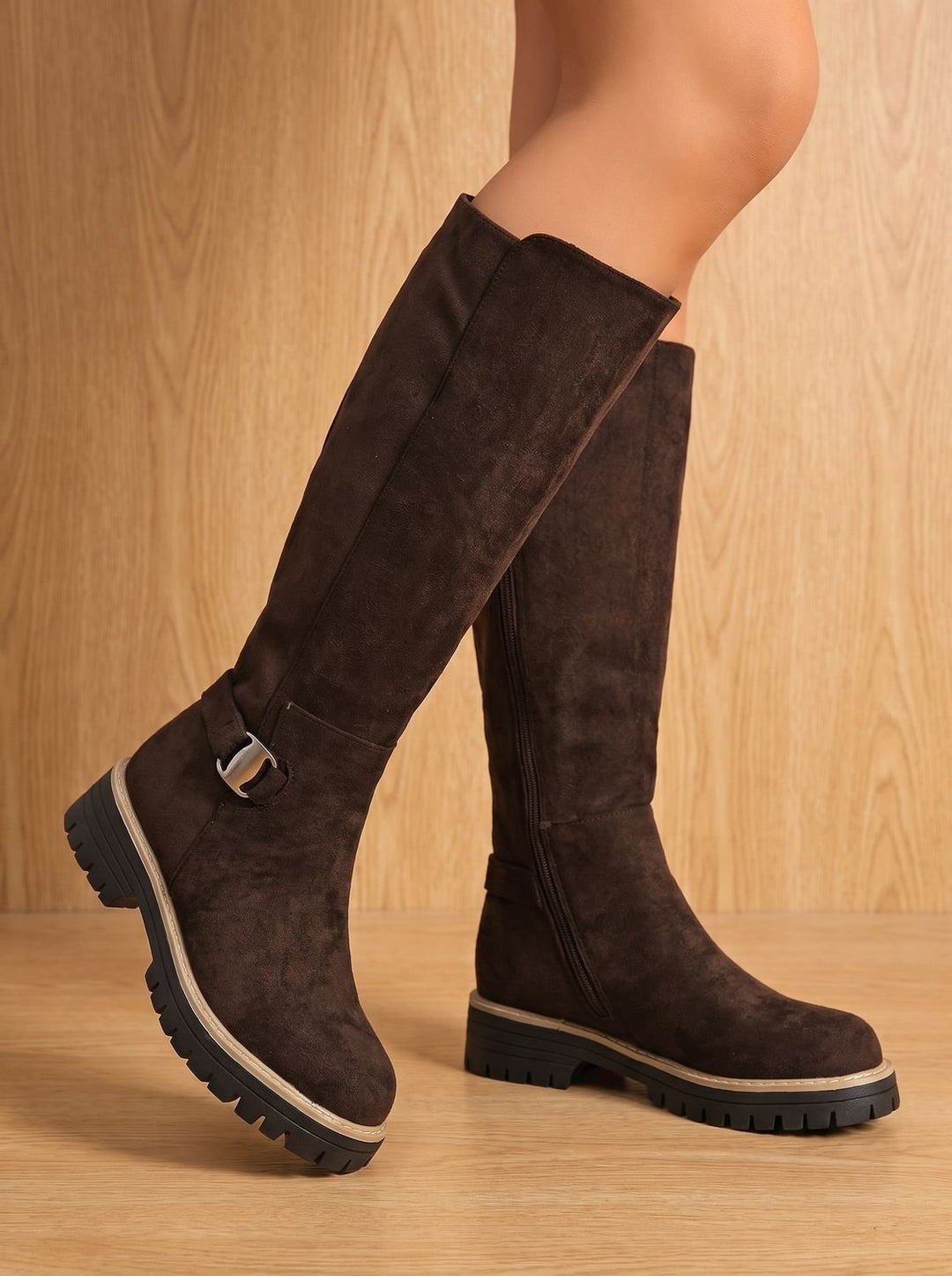 Women's Suede-Look Low Block Heel Knee High Boots - Coffee