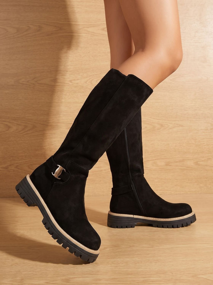 Women's Suede-Look Low Block Heel Knee High Boots - Black