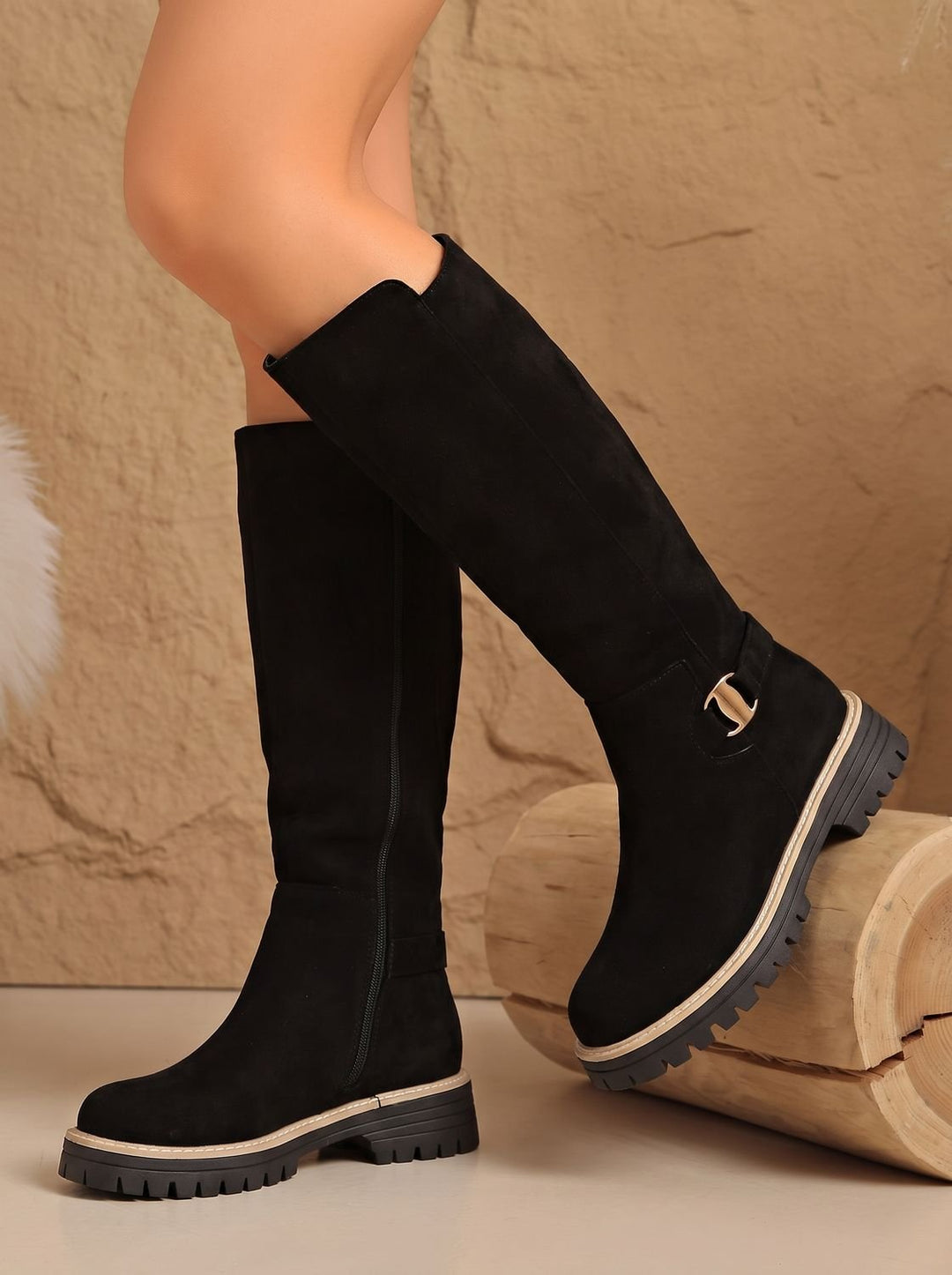 Women's Suede-Look Low Block Heel Knee High Boots