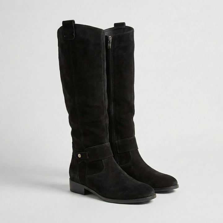 Women's Suede-Look Slouch Knee High Boots Low Heel - Black