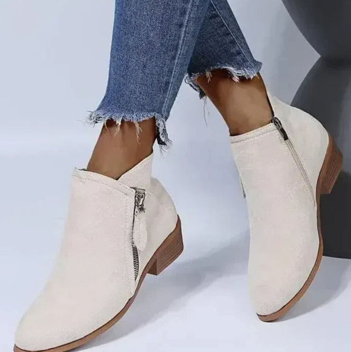 Women's Suede Low-Heel Zip Ankle Boots - Bone