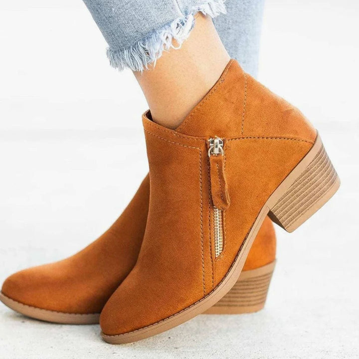 Women's Suede Low-Heel Zip Ankle Boots - Orange