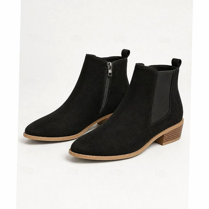 Women's Suede Pointed-Toe Block Heel Ankle Booties - Black