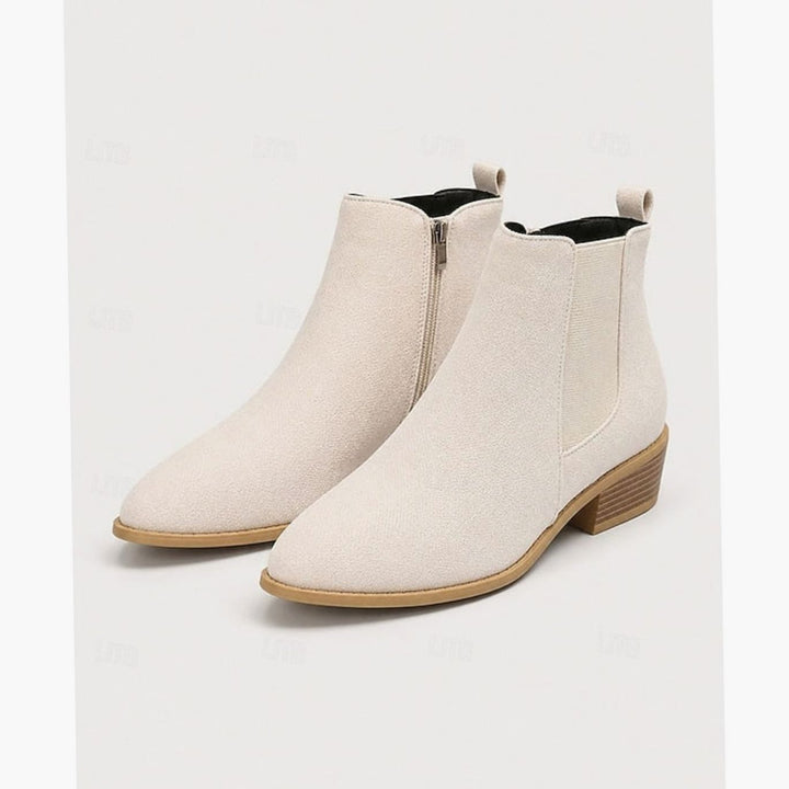 Women's Suede Pointed-Toe Block Heel Ankle Booties - Beige