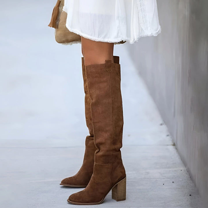 Women's Suede Pointed-Toe Block-Heel Knee High Boots